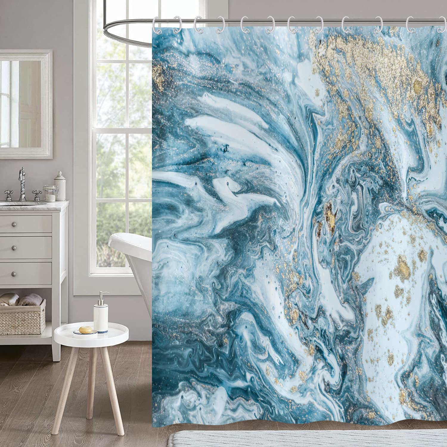 Hnmdmyi Marble Shower Curtain 180x180, Blue Gold Jade Texture Glitter Shower Curtains Abstract Watercolor Modern Luxury Art Bathroom Curtains Waterproof Polyester Fabric Washable Bath Curtains