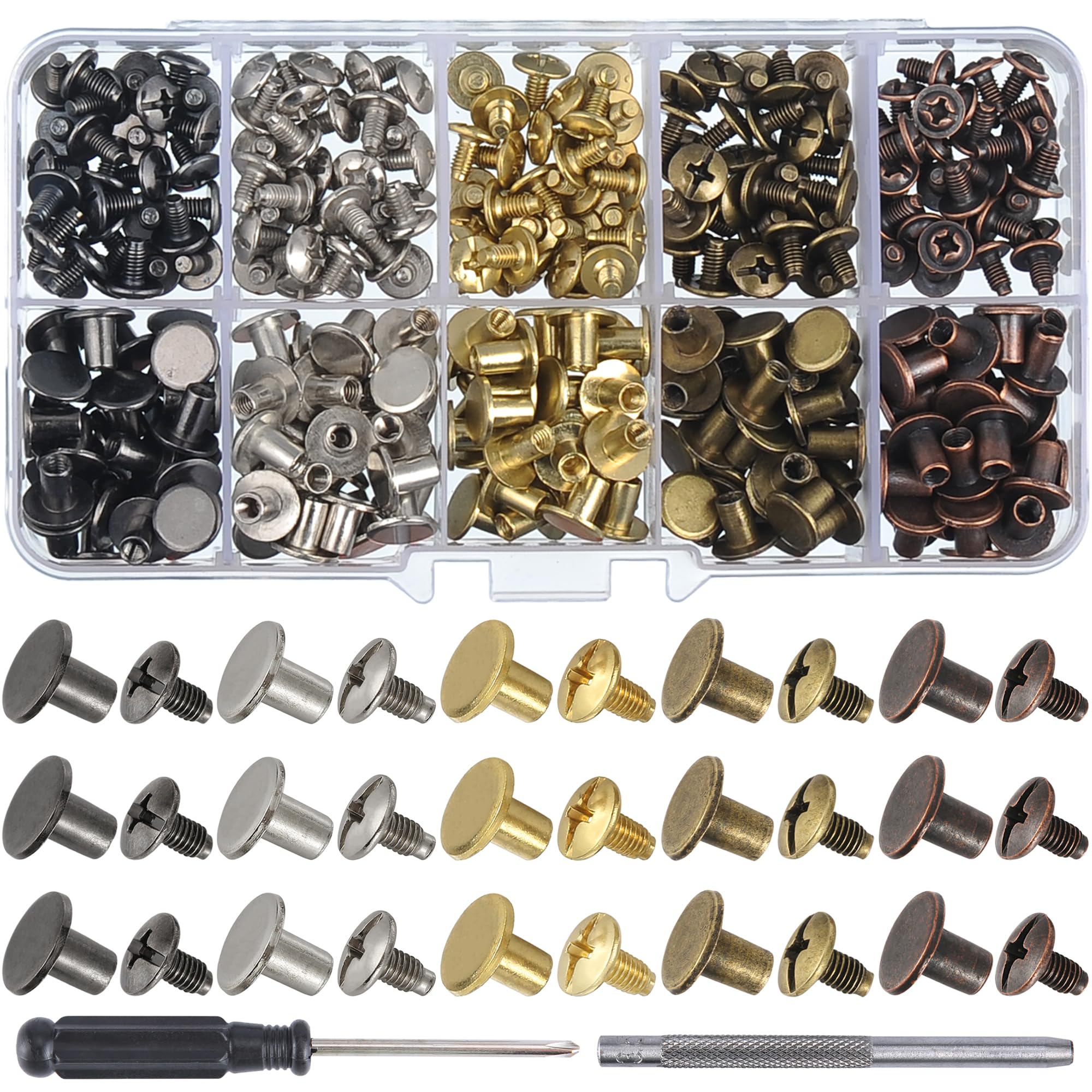 Photo 1 of YORANYO 150 Sets 8MM Chicago Screws Leather Rivets for Fabric Chicago Binding Screws Buttons Metal Studs Rivets for Decorate and Repair Belts Bags Shoes Purse Dog Collar Leather Craft (Mixed Color)