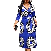 Runwind Women's Midi Dress,3/4 Sleeves V Neck Cocktail Party Dress Curvy Wrap Sexy Geometric Pattern Dresses with Belt