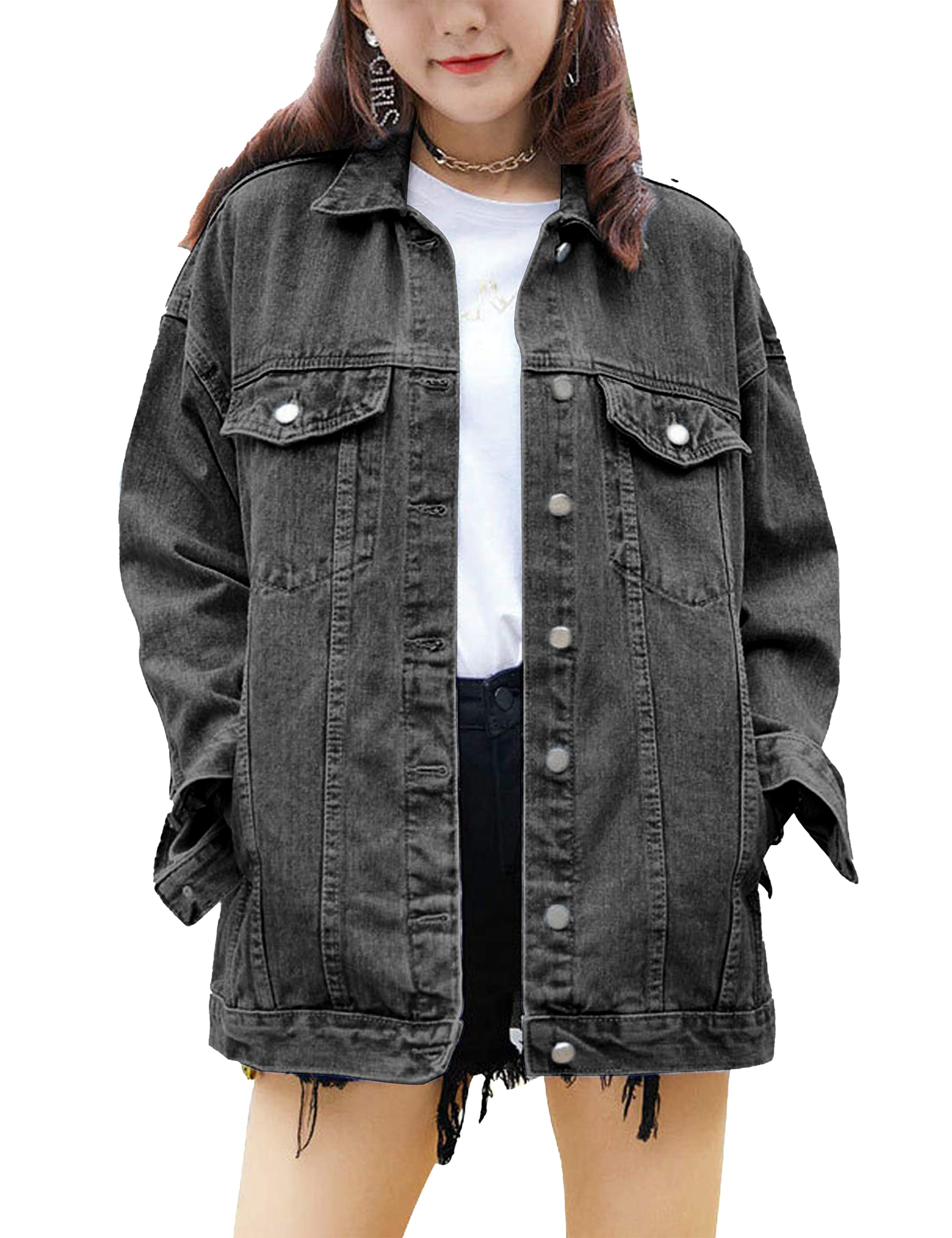 Photo 1 of Omoone Women's Oversized Mid Long Denim Jacket Jean Biker Coat(0199-Grey-L)