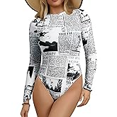 WDIRARA Women's Newspaper Print Long Sleeve Round Neck Knitted Stretchy Slim Fit Bodysuit