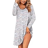 Ekouaer Womens Long Sleeve Nightgowns Sleep Shirts Cute Pajama Dress Casual Sleepwear Printed Nightshirts Tshirt Dress S-2XL