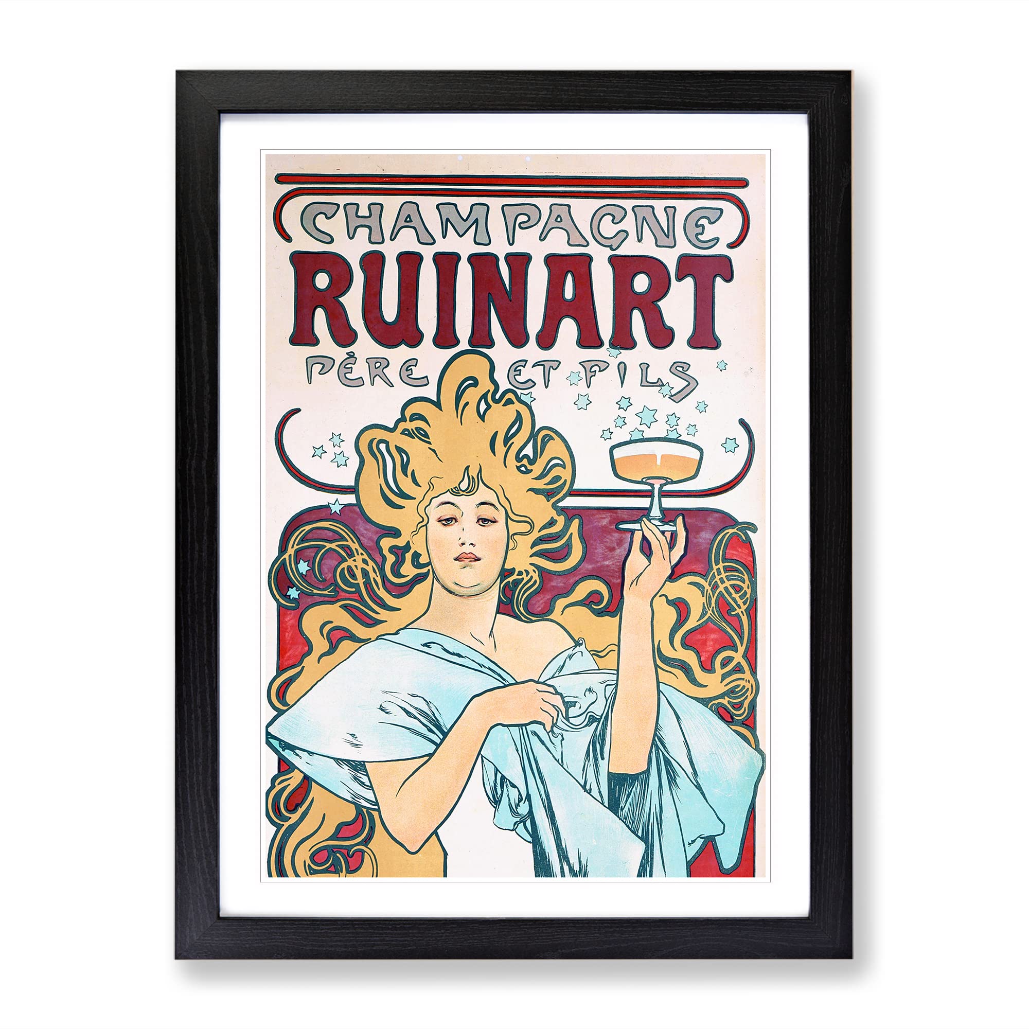 Alphonse Mucha Champagne Ruinart Classic Painting Framed Wall Art Print, Ready to Hang Picture for Living Room Bedroom Home Office Décor, Black A4 (34 x 25 cm)