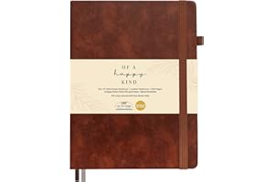 OF A HAPPY KIND Classic Lined Journal Notebook 8.5x11" A4 Hardcover Leather - Brown - 200 Pages College Ruled Large with Sticky Tabs, Pockets, and Pen Loop for Writing and Journaling - Big Hardback Men and Women