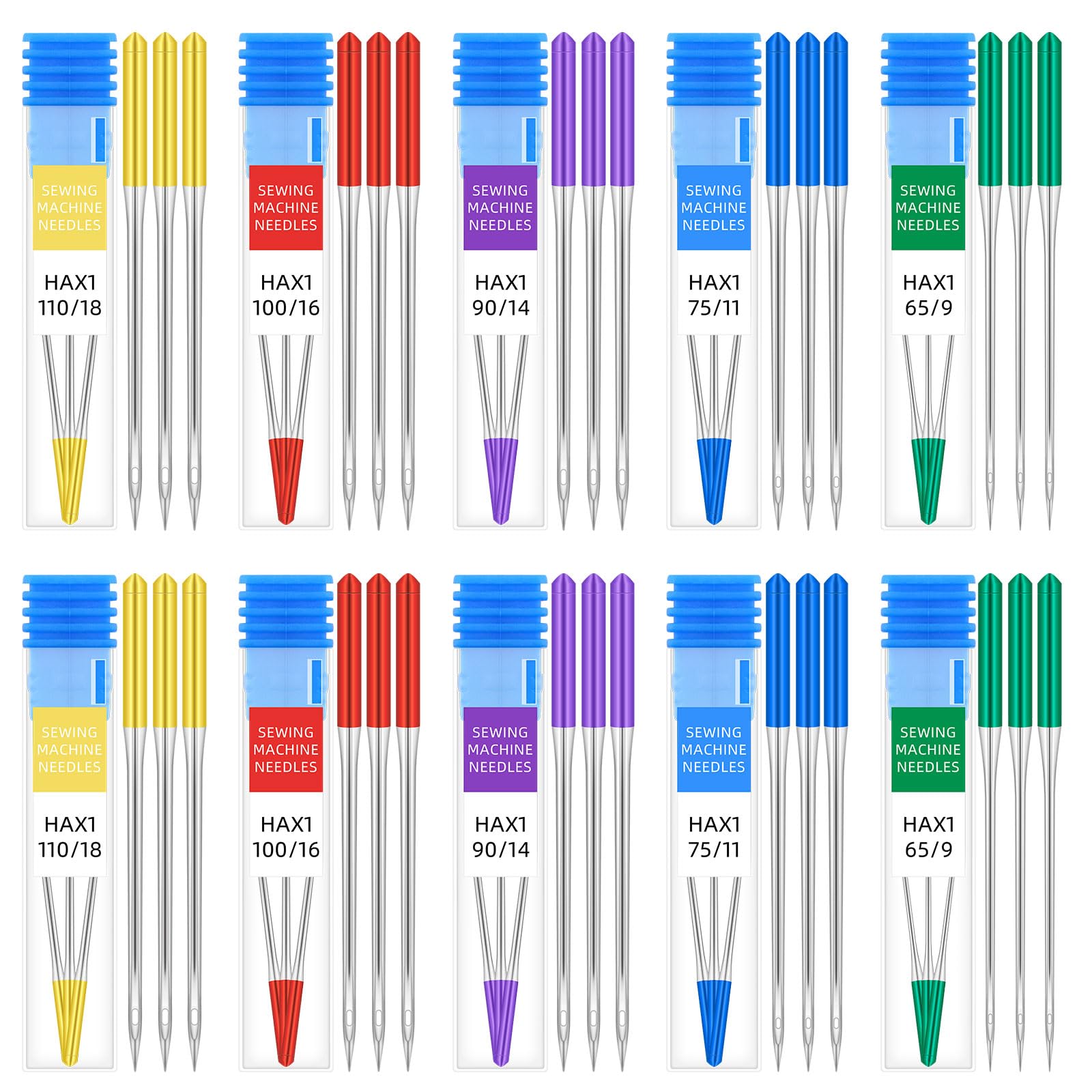 Tanstic 30Pcs Sewing Machine Needles, Universal Regular Point Sewing Machine Needles Compatible with Singer, Brother, Janome, Varmax, Sizes HAX1 65/9, 75/11, 90/14, 100/16, 110/18