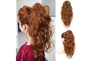 FLUFYMOOZ Ponytail Extension, 18 Inch Claw Clip Ponytail Extension, Wavy Curly Claw Clip in Ponytail Hair Extensions, Natural Fake Ponytail Synthetic Hairpiece for Women (Copper Red)
