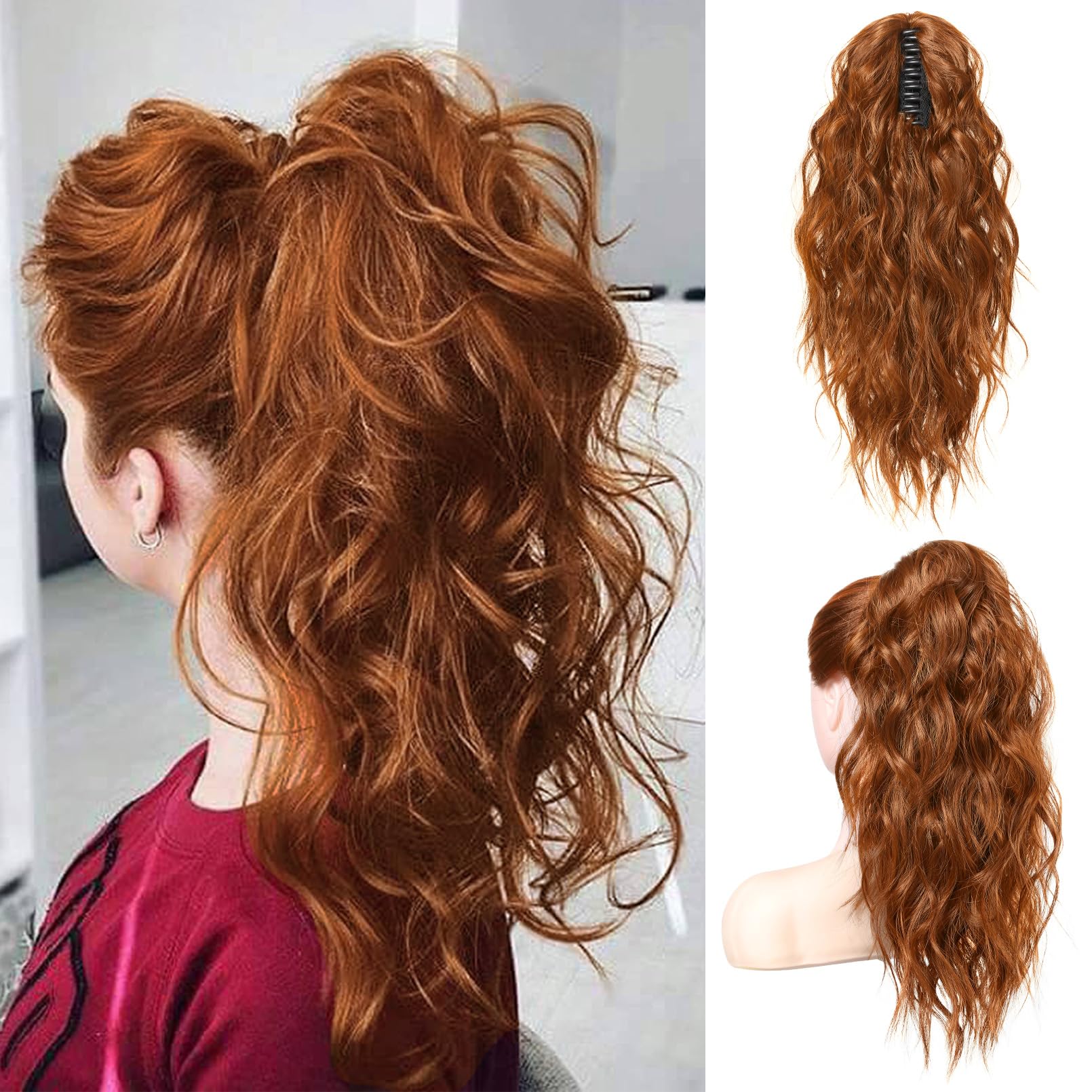 Photo 1 of FLUFYMOOZ Ponytail Extension, 18 Inch Claw Clip Ponytail Extension, Wavy Curly Claw Clip in Ponytail Hair Extensions, Natural Fake Ponytail Synthetic Hairpiece for Women (Copper Red)