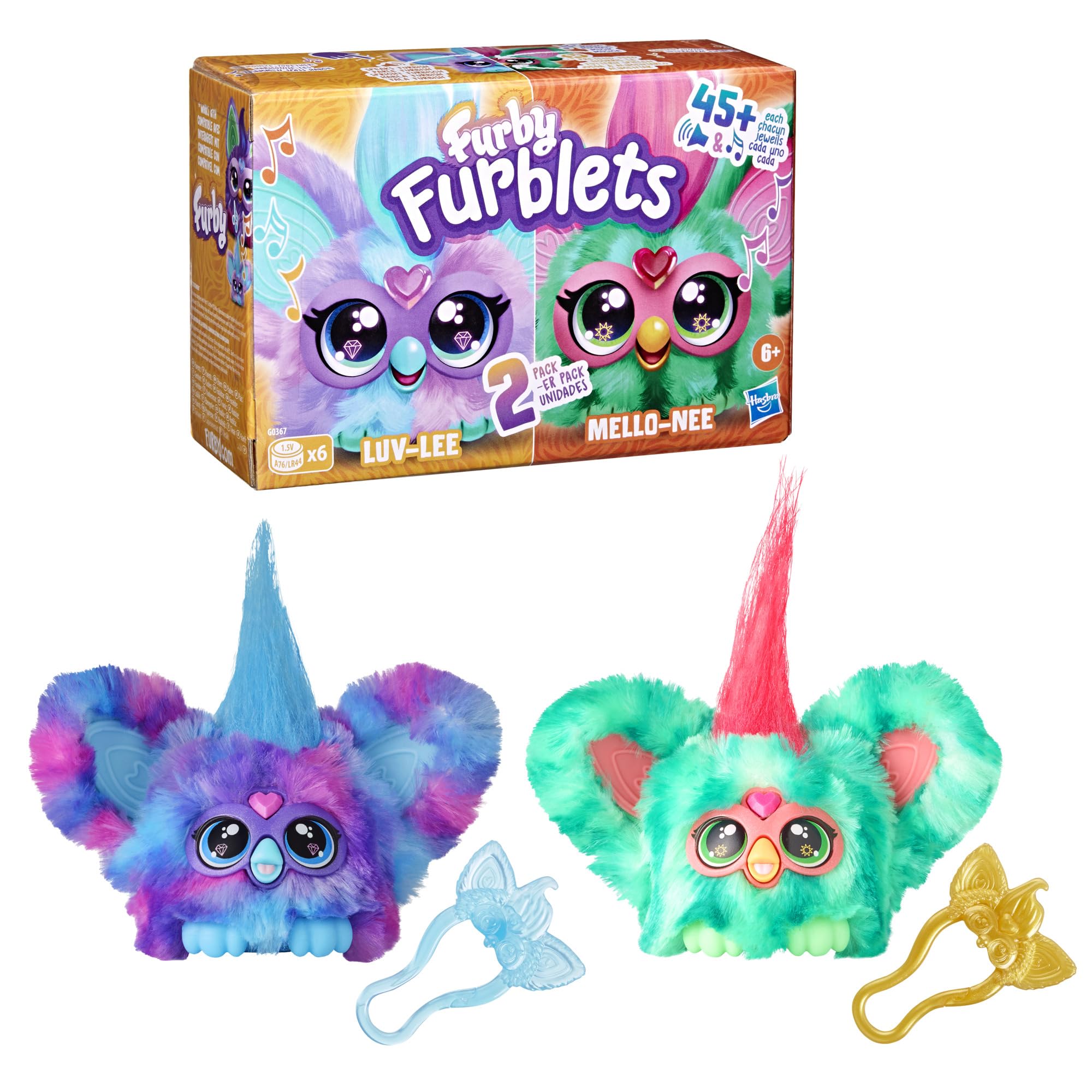Furby Furblets 2-Pack, Mini Friends Luv-Lee & Mello-Nee, 45+ Sounds Each, Music & Furbish Phrases, Electronic Plush Toys, Red/Green & Purple/Blue, Back to School Gifts, Ages 6+ (Amazon Exclusive)
