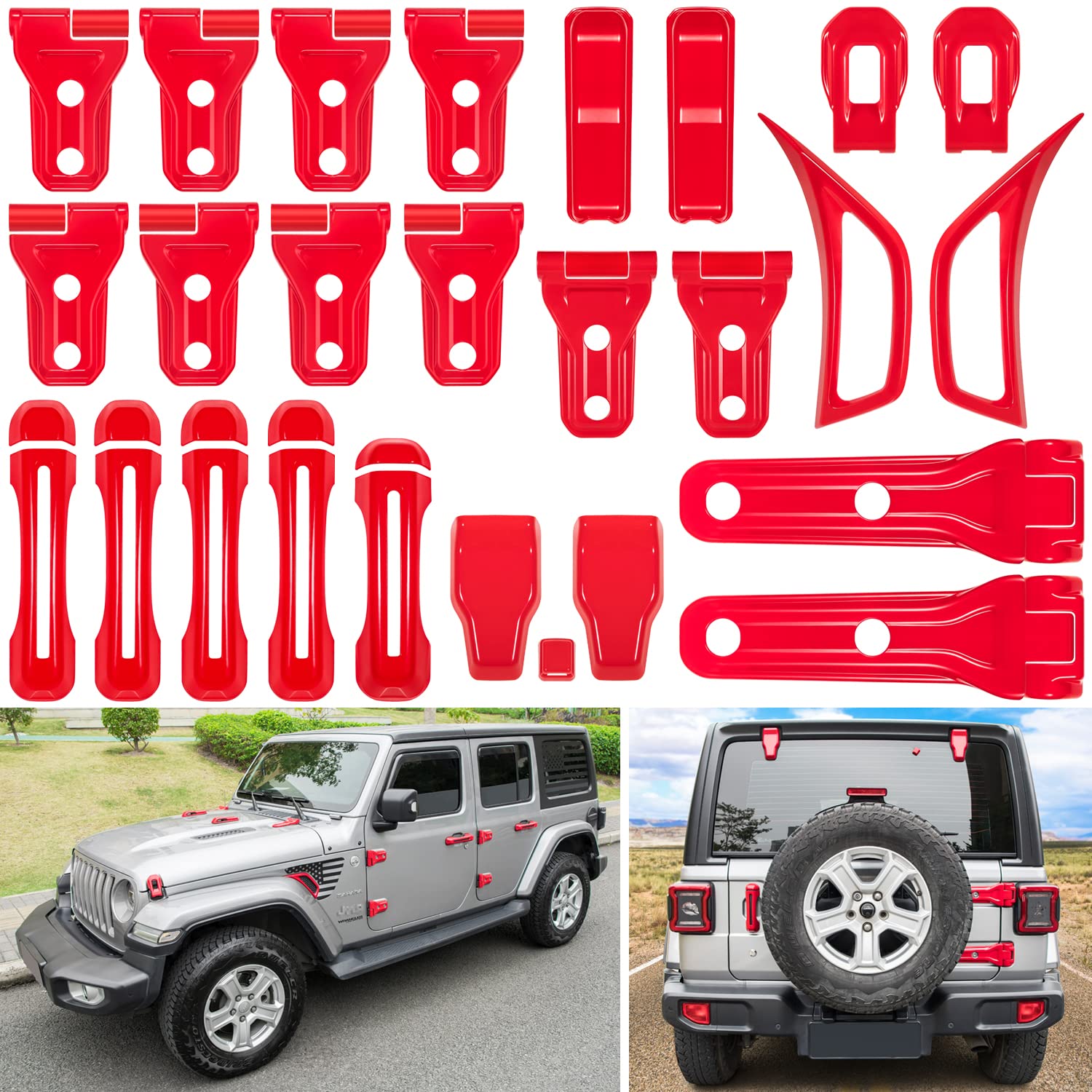 Photo 1 of 26PCS Full Set Exterior Decoration Trim Kit for Jeep Wrangler JL JLU 2018-2023 Door Hinge Handle Engine Hood Hinge Hood Latch Wheel Eyebrow Side Air Outlet Rear Tailgate Window Hinge Cover (Red)