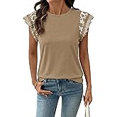 Acelitt Womens Summer Ruffle Short Sleeve Top Crewneck T Shirts Boho Floral Trim Casual Blouses