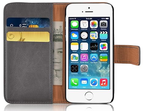 JAMMYLIZARD Lederhülle für iPhone SE, iPhone 5/5s | Ledertasche [ Retro Series ] Leder Hülle Flip Case Cover Schutzhülle mit 