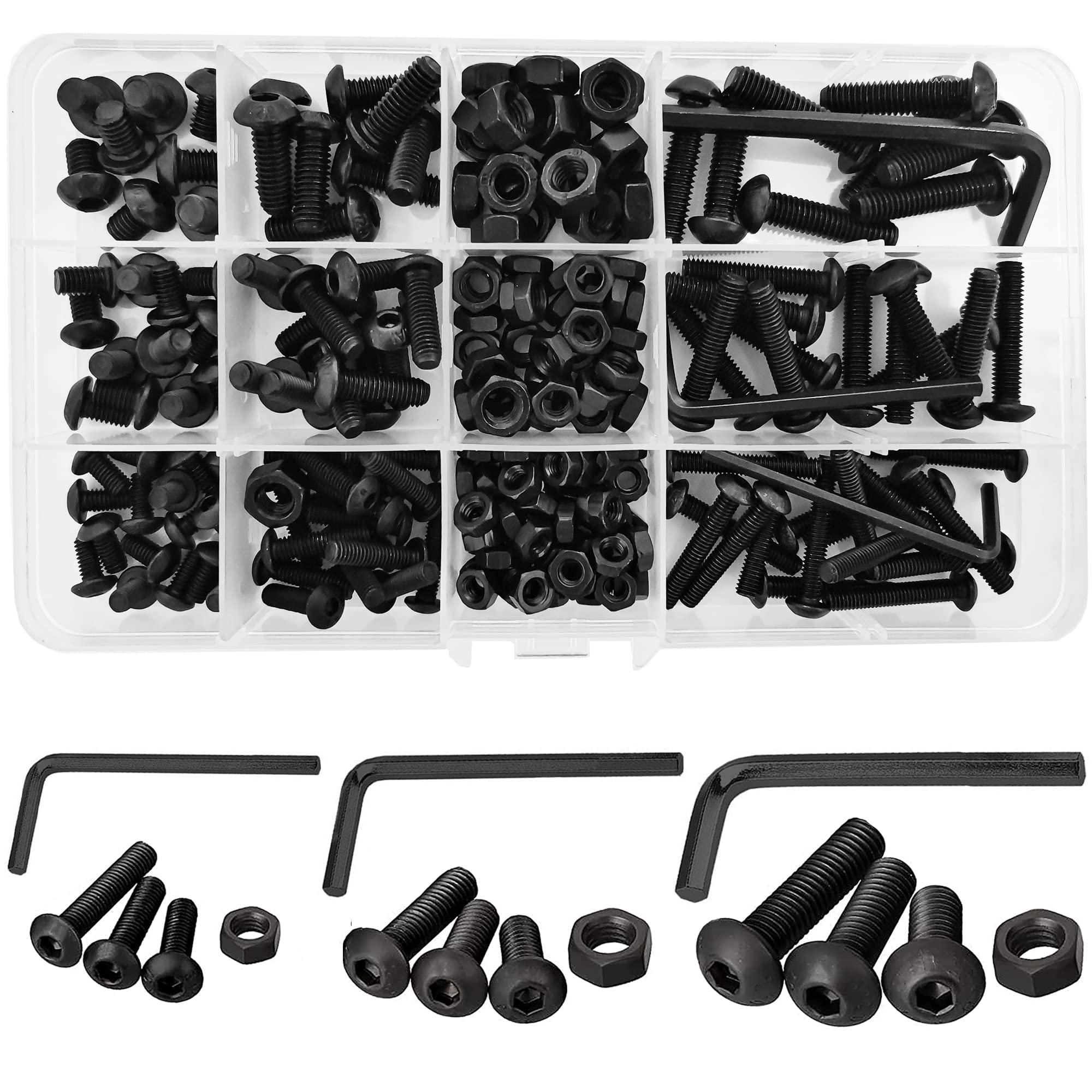 219 Pcs Round Head Nuts and Bolts M4 M5 M6 Threaded Button Head Hex Socket Screws Alloy Steel Allen Bolts Hexagon Button Mushroom Machine Screw Assortment Set Kit with Wrench (Black) — image 1