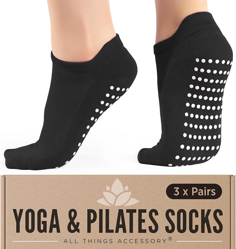 All Things Accessory Non-Slip Yoga Socks for Women 3 Pairs Black