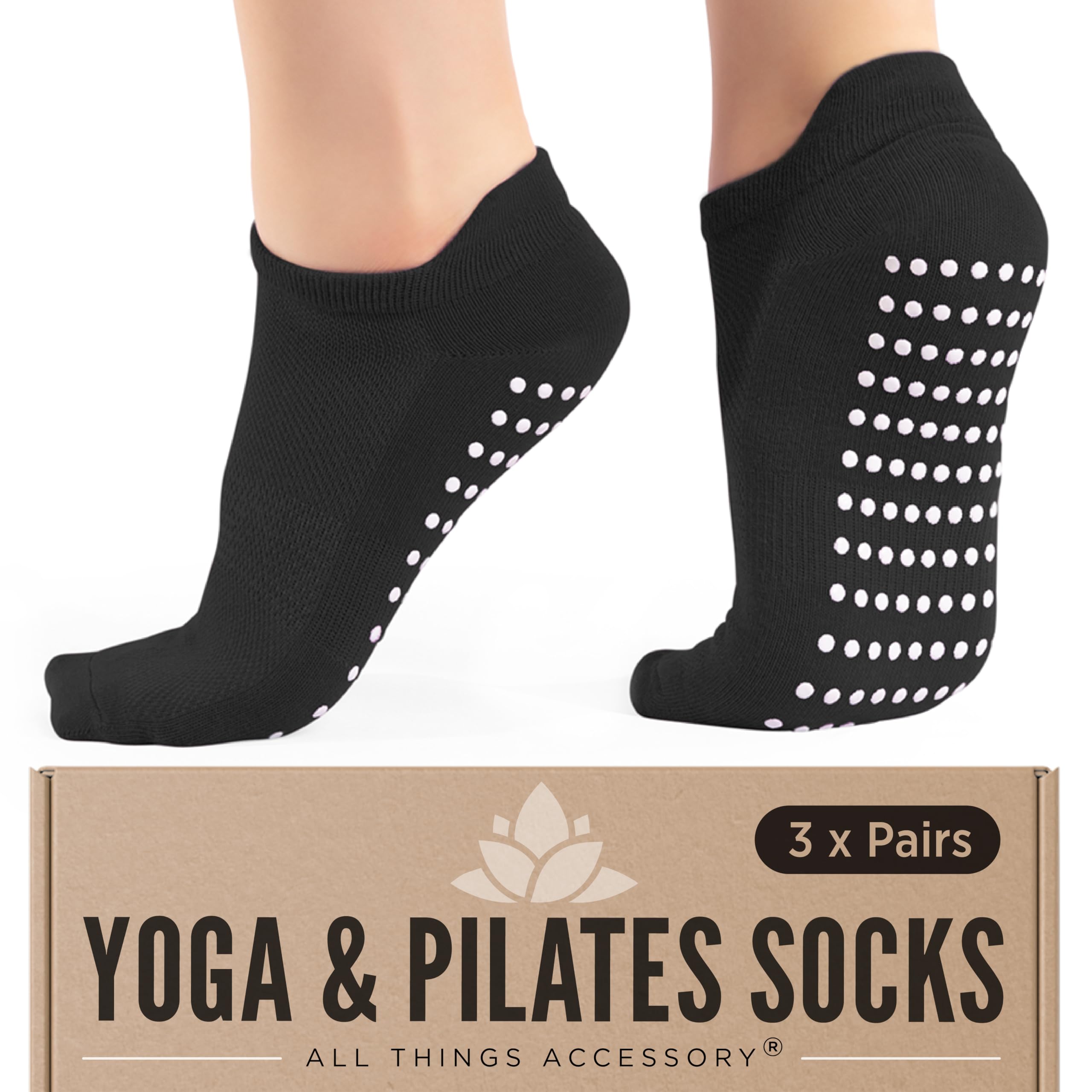 All Things Accessory Non-Slip Yoga Socks for Women (3 Pairs) - Grip Socks for Pilates, Barre, Dance, Ballet, and Workouts with Arch Support, Size 4-8, Black