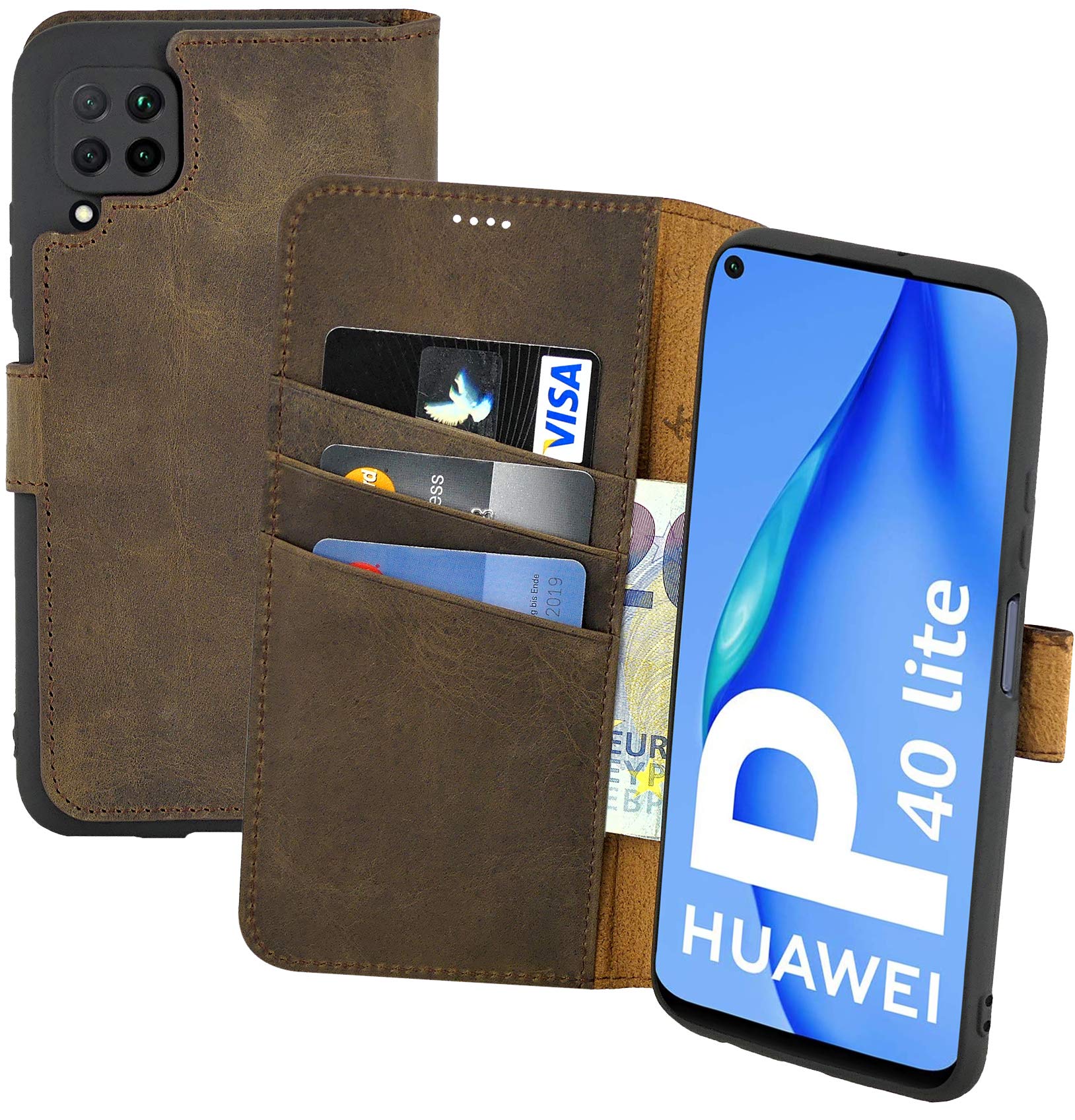 Suncase Book-Style Case Compatible with Huawei P40 Lite Leather Case (Slim Fit) Leather Mobile Phone Case Protective Case with 3 Card Slots in Antique Brown
