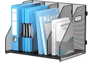 SUPEASY Binder Organizer, Magazine File Holder with 4 Vertical Compartments Rack, Metal Desk File Organizer & Binder Holders, Magazine Organizers for Office Desktop, Home, School (Black)