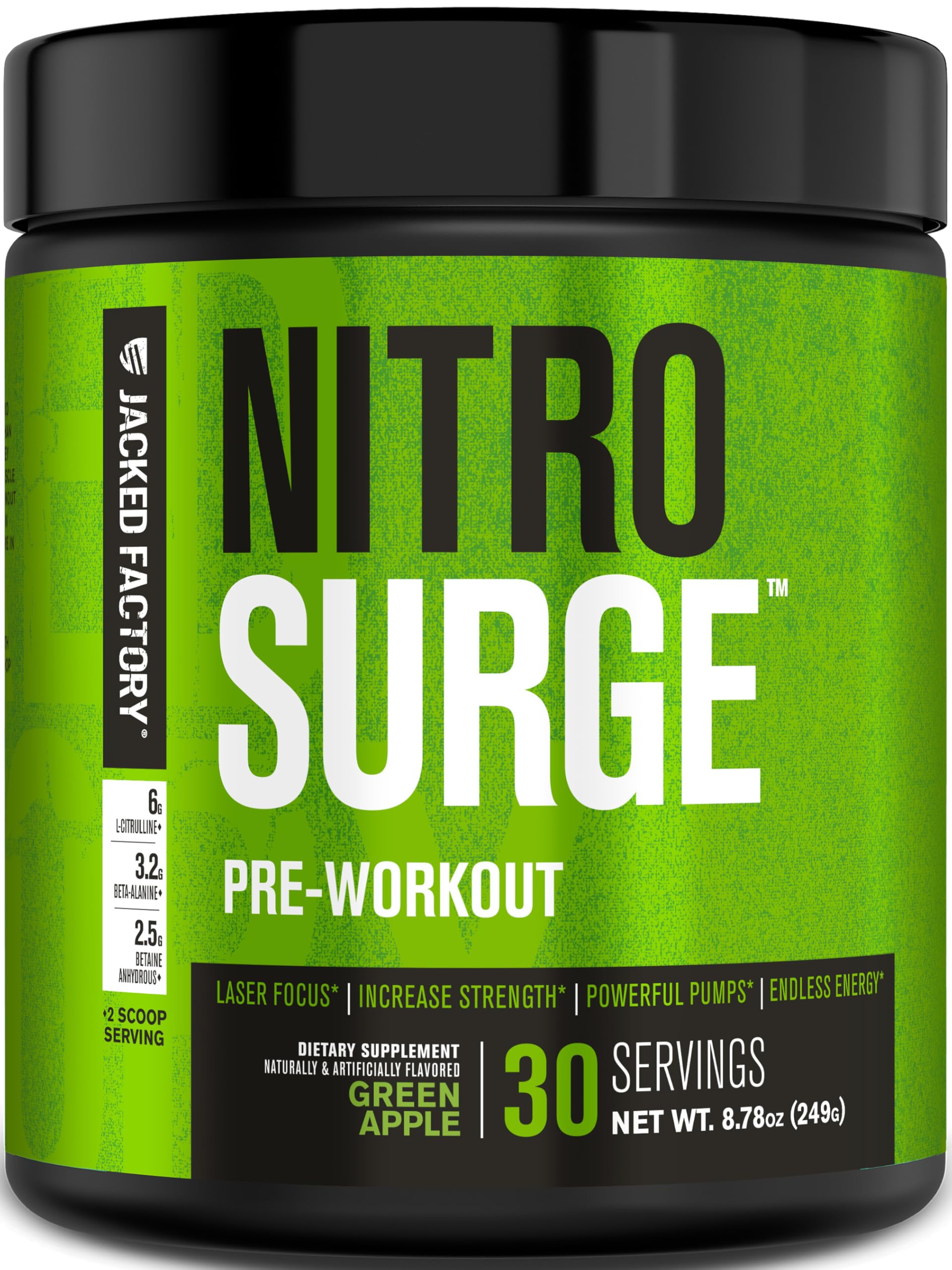 Jacked Factory NITROSURGE Pre Workout Supplement - Endless Energy, Instant Strength Gains, Clear Focus, Intense Pumps - NO Booster & Powerful Preworkout Energy Powder - 30 Servings, Green Apple