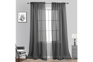 KOUFALL Dark Grey Sheer Curtains 84 Inches Long for Living Room 2 Panels Set Double Rod Pocket Window Semi Sheer Linen Textured Light Filtering Curtains for Bedroom Boys 52x84 Length Charcoal Gray Black