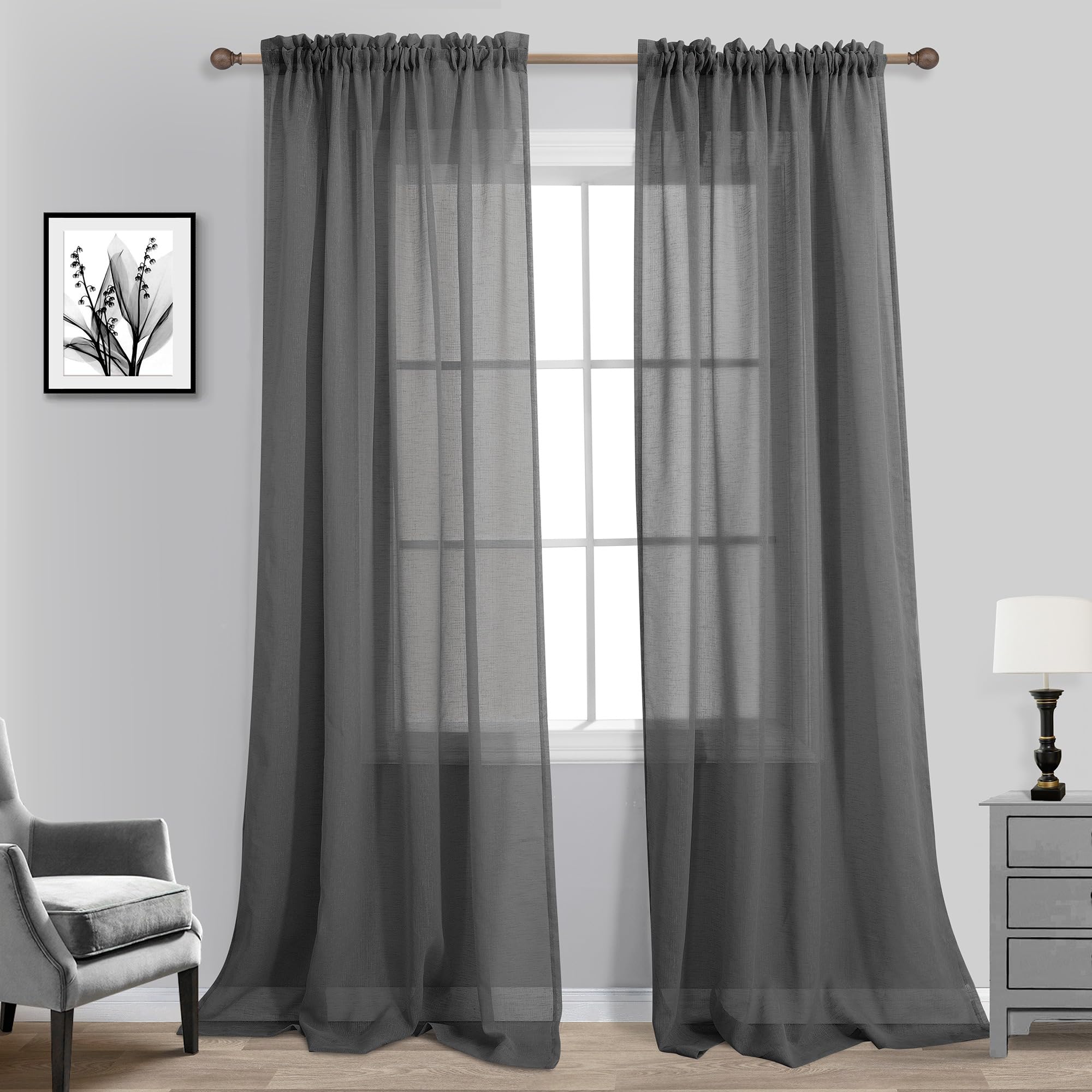 KOUFALL Dark Grey Curtains for Bedroom Living Room,Sheer Linen Look Gray Charcoal Curtains,96 Inches Long 2 Panel Set
