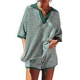 Tankaneo Womens Sweater Set 2 Piece Outfits Oversized 3/4 Sleeve V Neck Knit Tops High Waisted Shorts Lounge Sets