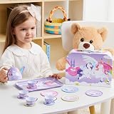 JOYIN Purple Unicorn Tea Set for Toddlers—Tin Teapot with Cups Plates Carry Case view 8
