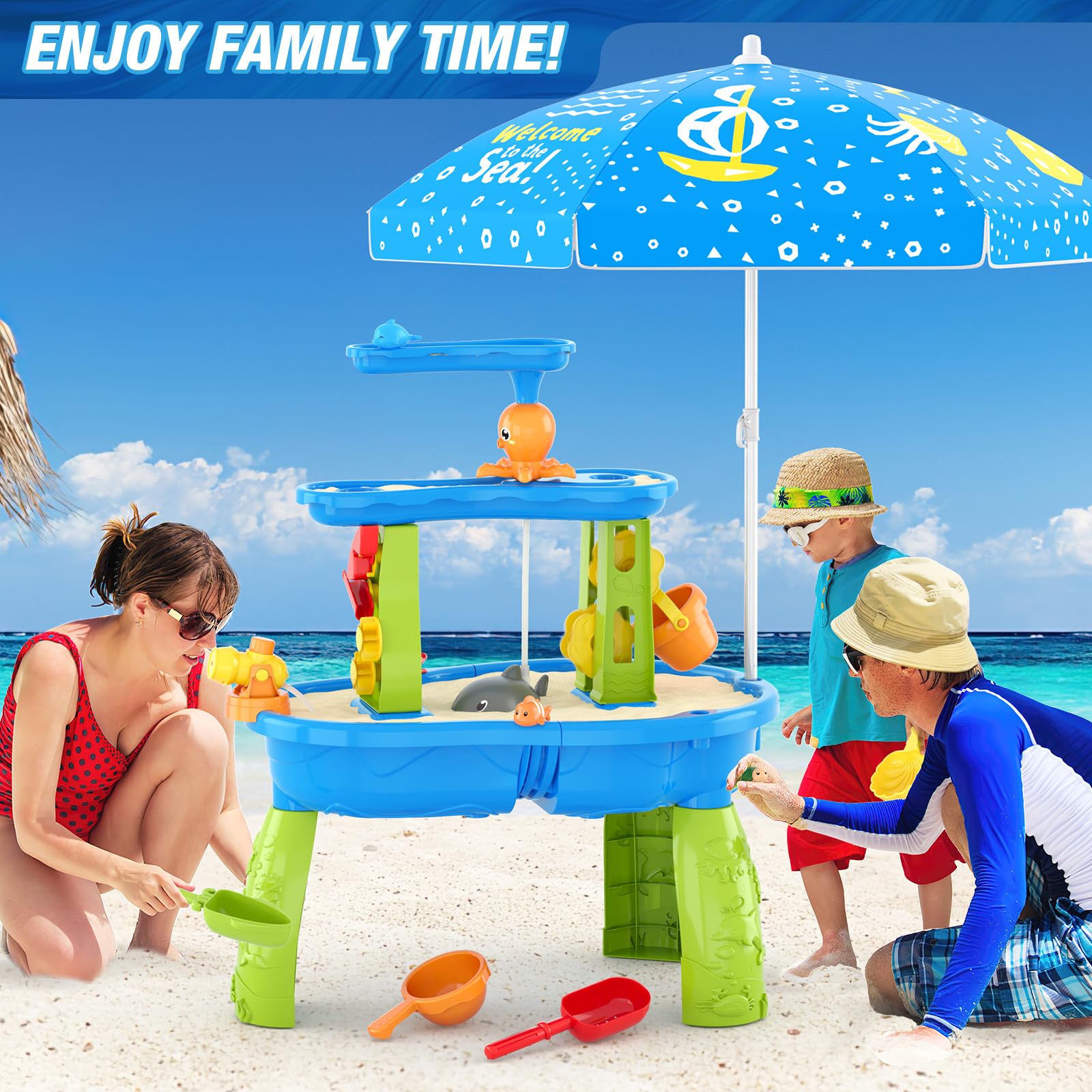 HYES 3-Tier Water Table for Toddlers 3-5 With Umbrella, Pump, Cover - Rain Showers Splash Pond for Outdoor Beach, Activity Sensory Play for Boys Girls