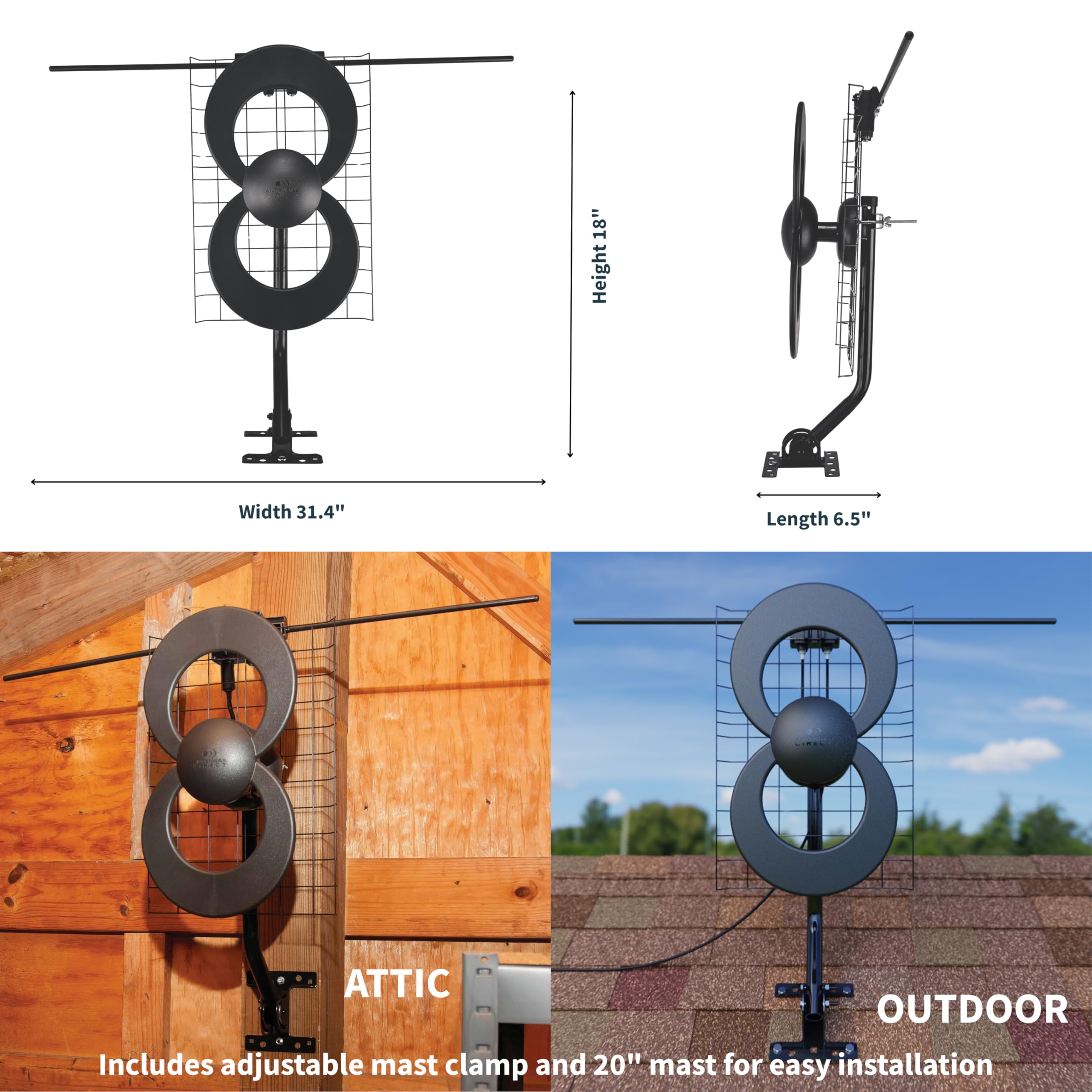 Antennas Direct ClearStream 2V Indoor Outdoor TV Antenna UHF VHF Multi-Directional, 60+ Mile Range, 4K 8K UHD, NEXTGEN TV – w/Reflector, 20-inch Mast