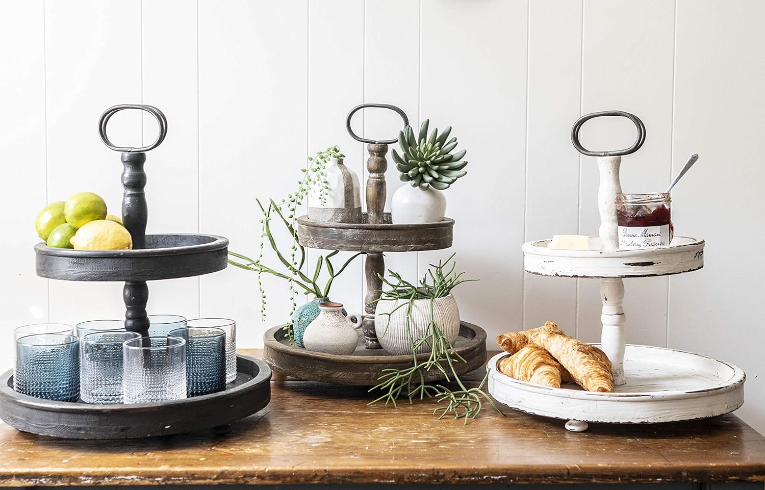 Creative Co-Op Distressed Brown Wood Metal Handle Two-Tier Tray: Home & Kitchen