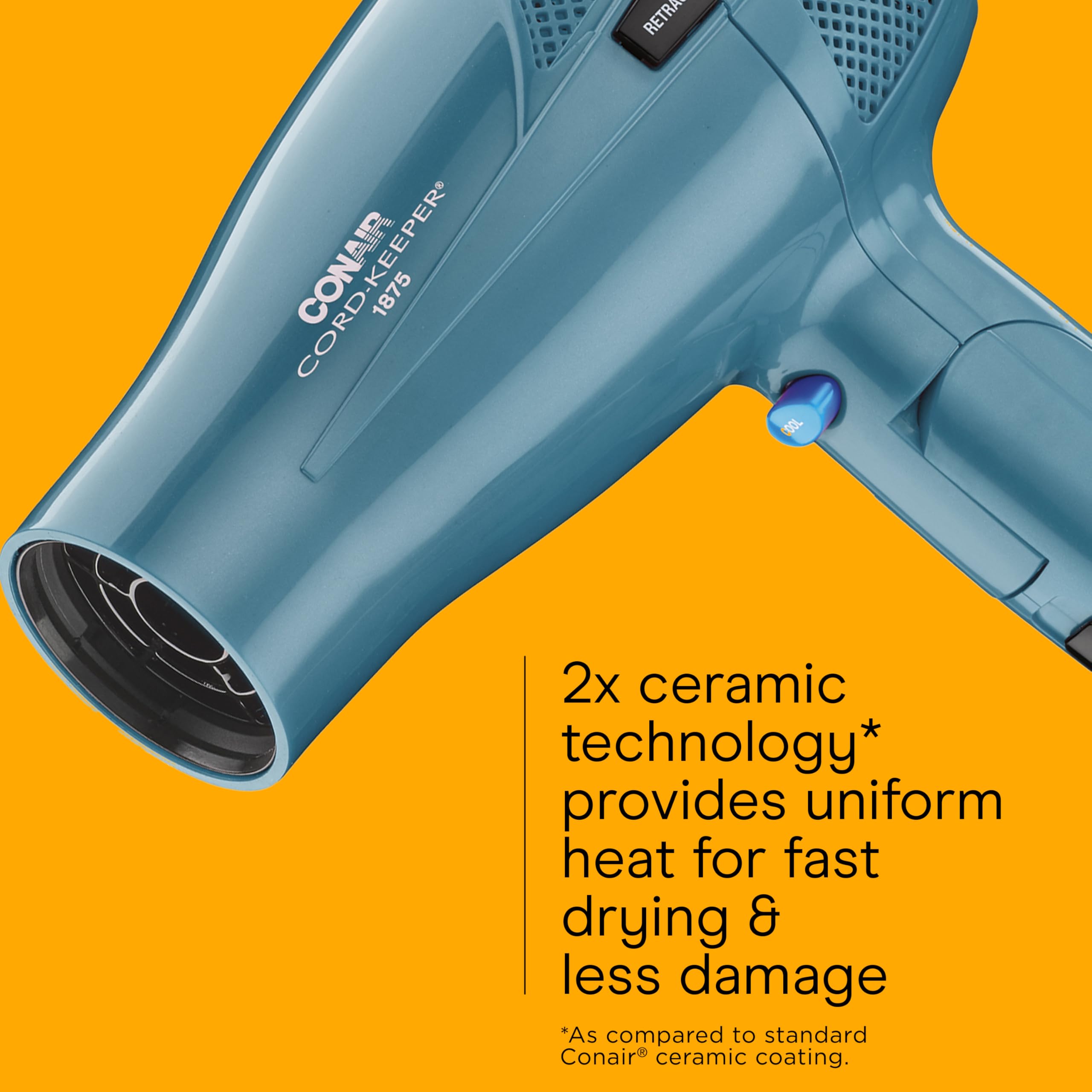 Conair Cord-Keeper Dryer with Folding Handle and Retractable Cord, 1875W Travel Hair Dryer, Ionic Technology, Teal