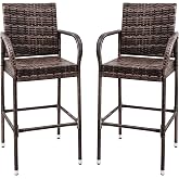 Homall Bar Stools 2 Pack Wicker Outdoor Patio Furniture with Armrest, Brown | Patio Bar Stools Set of 2, Indoor Outdoor Barstools Rattan Furniture with Footrest &amp; Armrest for Garden Pool Lawn Backyard