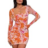 Prinbara Womens Mesh Long Sleeve Square Neck Ruched Mini Dress Sexy Bodycon Elegant Cocktail Evening Club Party Short Dresses