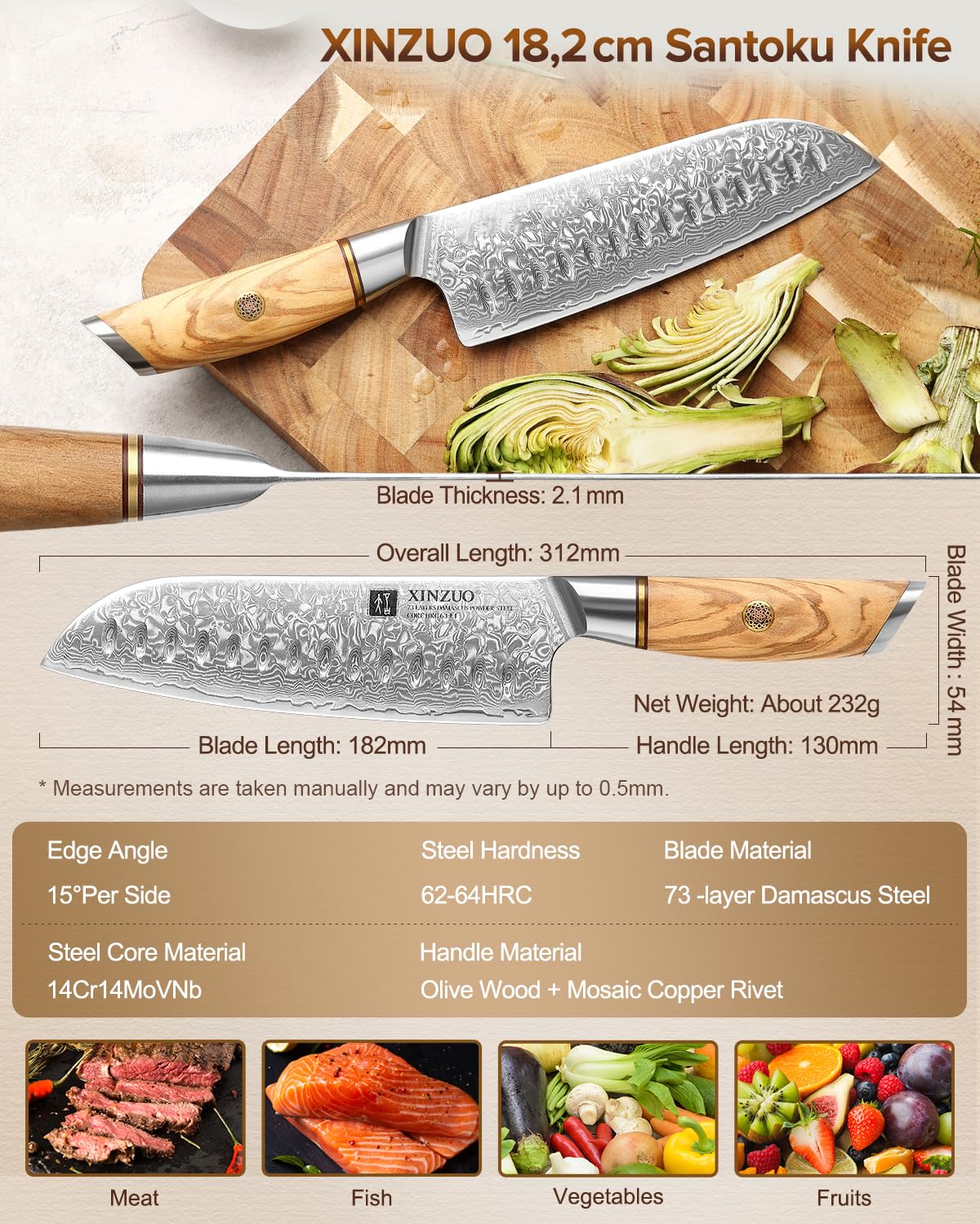 XINZUO Damaststahl 18.2cm Santokumesser, scharf Kochmesser 73 Schichten Damastpulverstahl profi Küchenmesser Chefmesser-mit ergonomischer Olivenholz Griff -Lan Series 6