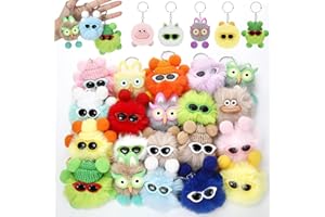 Equsion 48 Pcs Kawaii Keychains Bulk Cute Plush Keychains Fluffy Pompoms Balls with Tassels and Keyrings Key Chain Kawaii Party Favors for Birthday Goodie Bags Piñata Toys Classroom Prizes