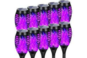 AOUNQ Solar Lights Outdoor Halloween Decorations, Upgraded 10 Pack Purple Solar Torch Lights with Flickering Flame, Waterproof Halloween Lights Outdoor, Tiki Torches for Outside Patio Pathway Decor