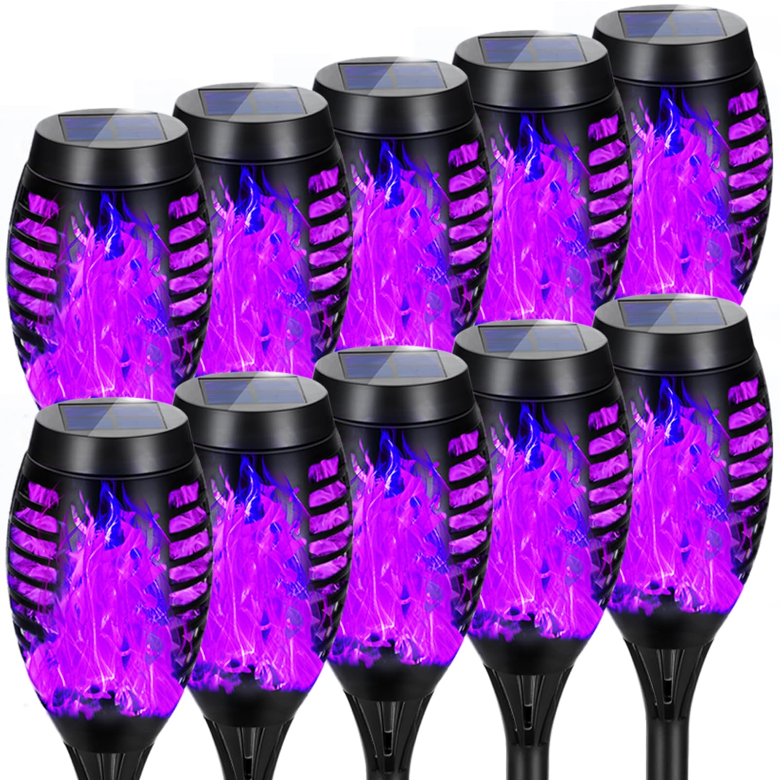 Photo 1 of AOUNQ Solar Lights Outdoor Halloween Decorations, Upgraded 10 Pack Purple Solar Torch Lights with Flickering Flame, Waterproof Halloween Lights Outdoor, Tiki Torches for Outside Patio Pathway Decor