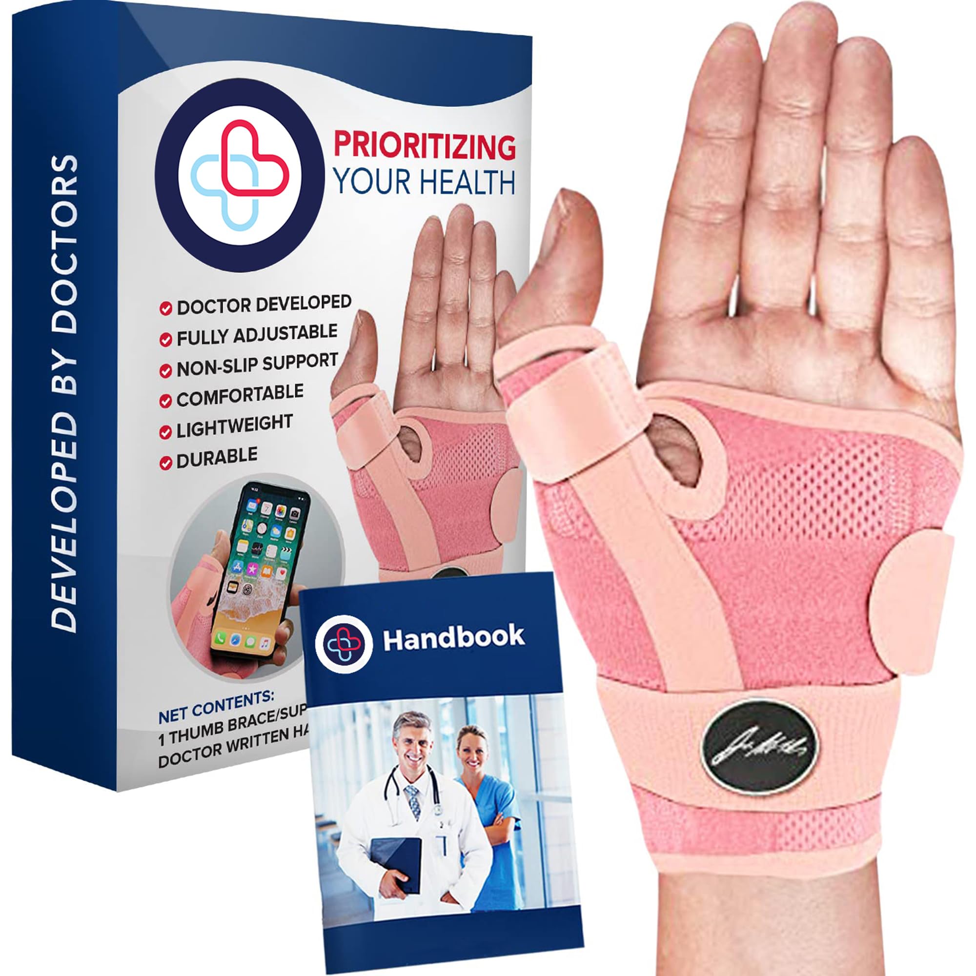 Doctor Developed Thumb Support Brace & Doctor Handbook - /Trigger Thumb Brace/Thumb Support For Arthritis - Thumb Spica Splint - Thumb Splint For Right Hand/Left (Pink, Single)