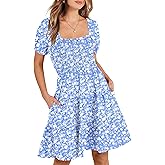 ANRABESS Womens 2026 Summer Casual Dress Square Neck Puff Sleeve Boho Beach Vacation Short Dress