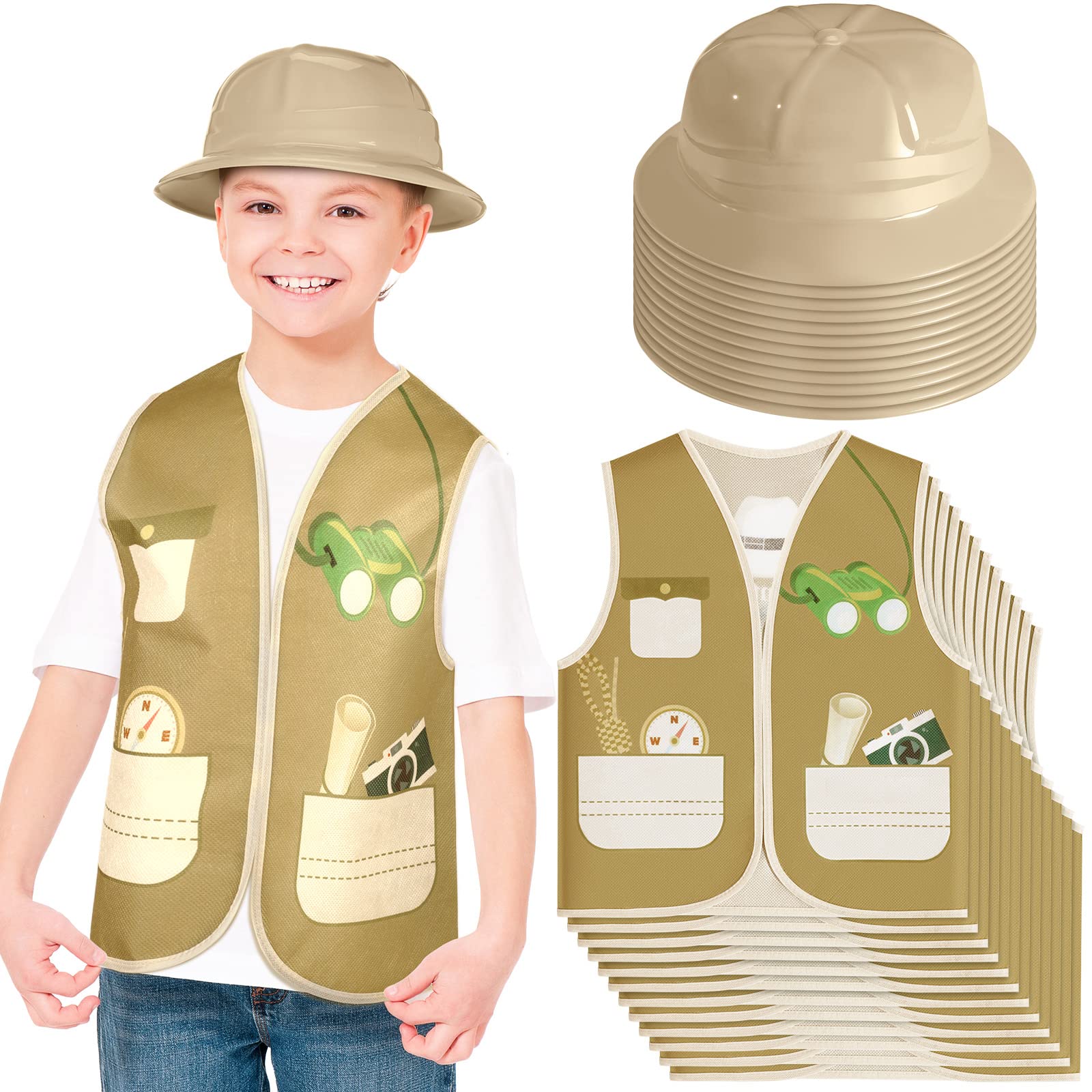 Photo 1 of 24 Pcs Kids Explorer Costume Sets Include 12 Kids Safari Vest and 12 Jungle Party Hats Plastic Safari Hats Vest for Jungle Party Supplies Outdoor Activity Favors Halloween Birthday Costume Gift