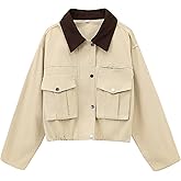 Megfie Womens Cropped Jacket Contrast Collar Utility Coat Cargo Jacket Barn Jacket Outwear with Pockets