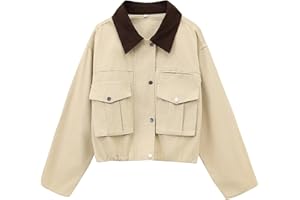 Megfie Womens Cropped Jacket Contrast Collar Utility Coat Cargo Jacket Barn Jacket Outwear with Pockets
