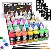 ABEIER 3D Fabric Permanent Paint 28 Vibrant Colors, 30ml/1oz, Puffy Paint | Come with Brushes, Palette , Stencils; Glitter Metallic Colors; for Textile Fabric T-shirt Jeans