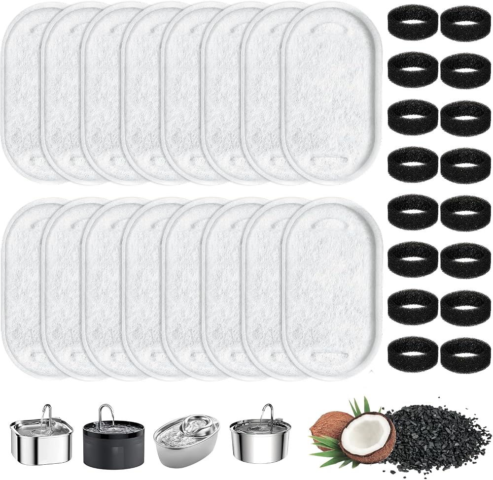 Fentar 32Pcs Cat Water Fountain Filters 16 Activated Carbon 16 Foam