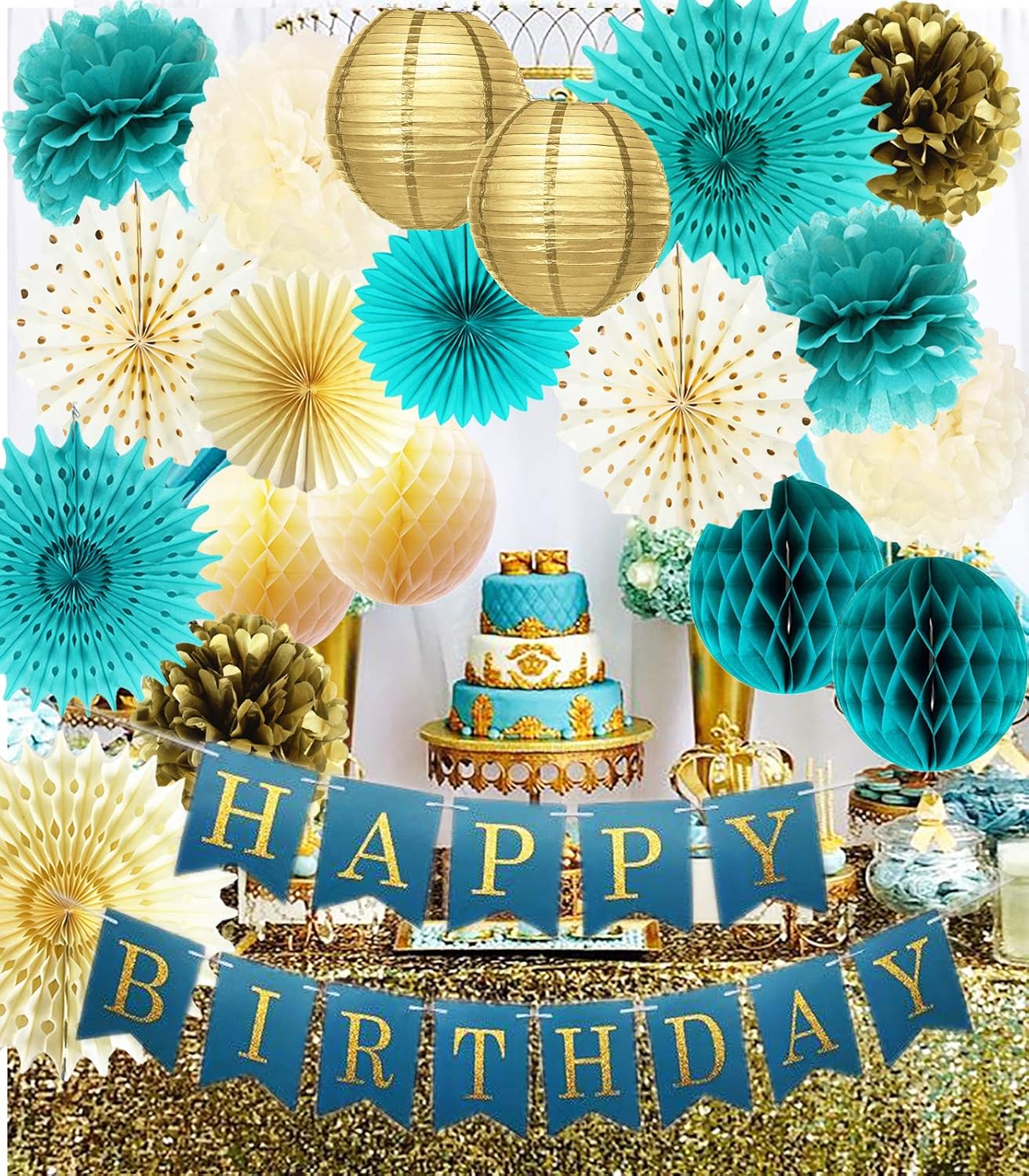 Amazon Com Teal Gold Birthday Decorations Gold Polka Dot Paper Fans Teal Gold Happy Birthday Banner For Women S 30th 40th 50th 60th 80th Birthday Party Decor Home Kitchen