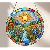 KWYADLUO Stained Glass Window Hanging, Scenery Sun Catchers Stained Glass Panels for Indoor Windows Wall Art Decor, Birthday Gift for Mom Women Wife Men Lovers (7.87inch)