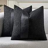 DEZENE Pack of 2 Faux Leather Boucle Throw Pillow Covers 18"x18" Black Chic Accents Textured Square Decorative Pillow Cases for Living Room Couch Bed Farmhouse Boho Home Decor