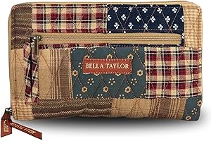 Bella Taylor Wrist Strap Wallet for Women | Multi Card Zip Around Wallet with RFID Protection and Wristlet Strap | Quilted Cotton Primitive Patch Navy, Red and Tan Patchwork