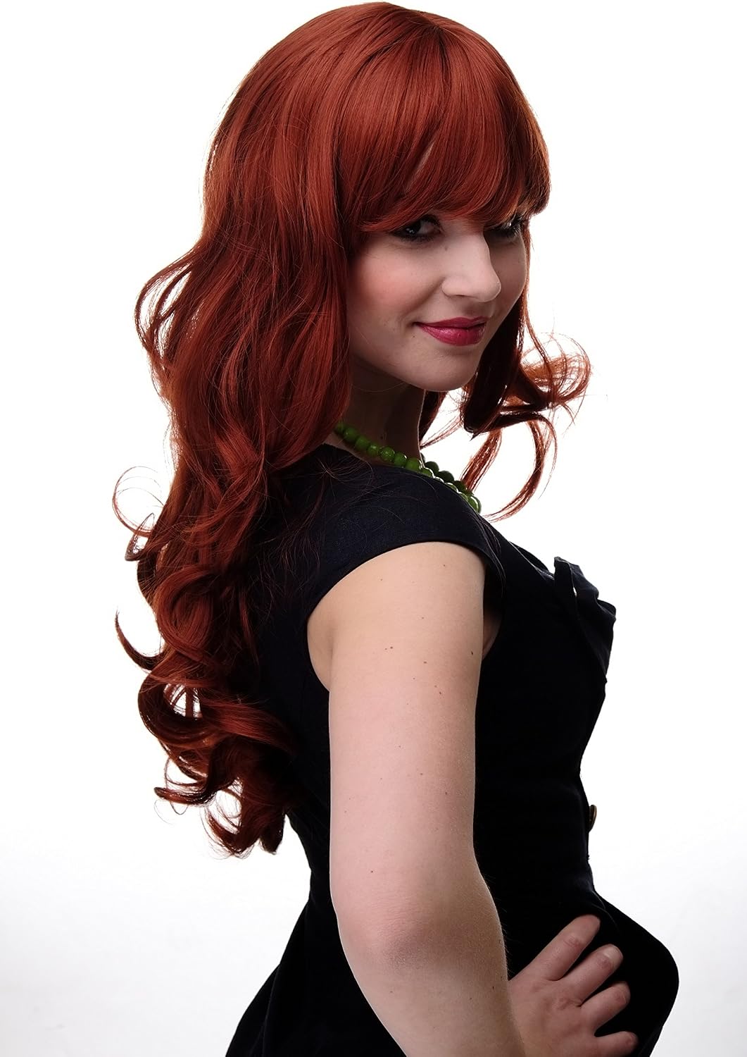 WIG ME UP 285-350 Lady Quality Wig very long beautiful curling ends straight top fringe bangs dark copper red approx 25inch - Image 4