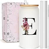 Personalized Gifts for Women, Monogrammed Frosted Glass Tumbler with Straw and Lid, Cute Customized Mug, Custom Initial Iced Coffee Glasses, Customizable Drinking Cup, Birthday Teacher Woman, E