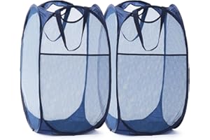TECHMILLY Collapsible Mesh Pop Up Laundry Hamper with Sturdy Handles and Side Pocket - Portable Foldable Clothes Baskets for Dorm, Bathroom & Travel Storage (Blue, 2 Packs)