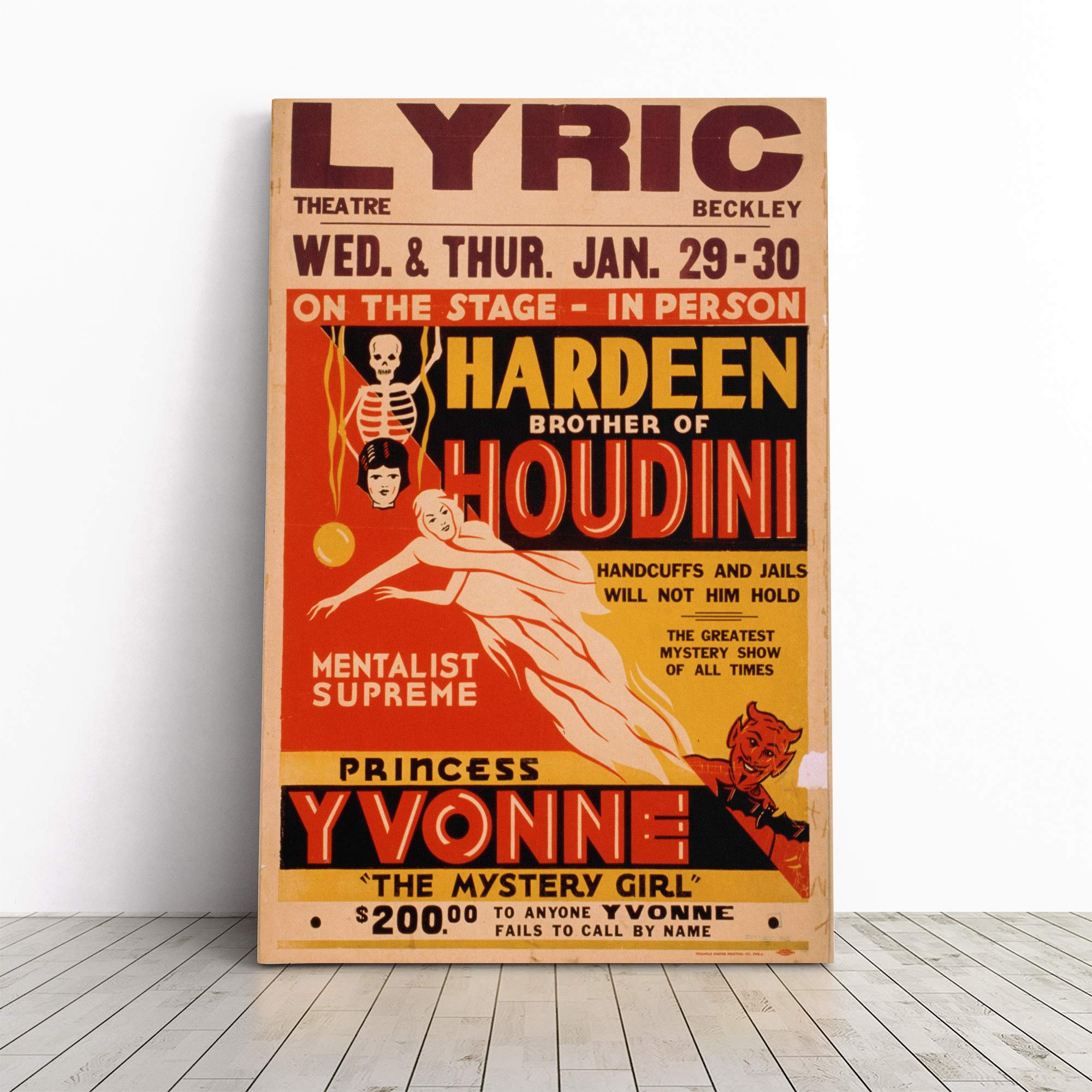 Houdini Vintage Circus Poster (15) Canvas Print | Gallery Wrapped 30mm Frame Wall Art | 20x14 inches | Ready to Hang | Classic Picture | Living Room Bedroom Lounge Office